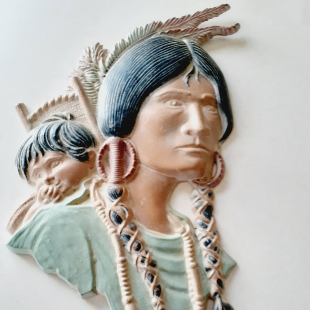Vintage Metal wall art Native American  Indian women Child  feathers Sexton